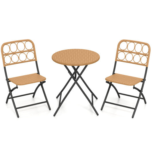 3 Piece Patio Bistro Set Folding Round Table and Chairs with Wicker Seat