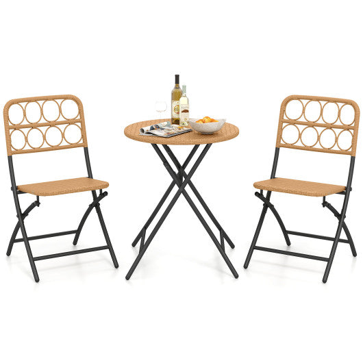 3 Piece Patio Bistro Set Folding Round Table and Chairs with Wicker Seat