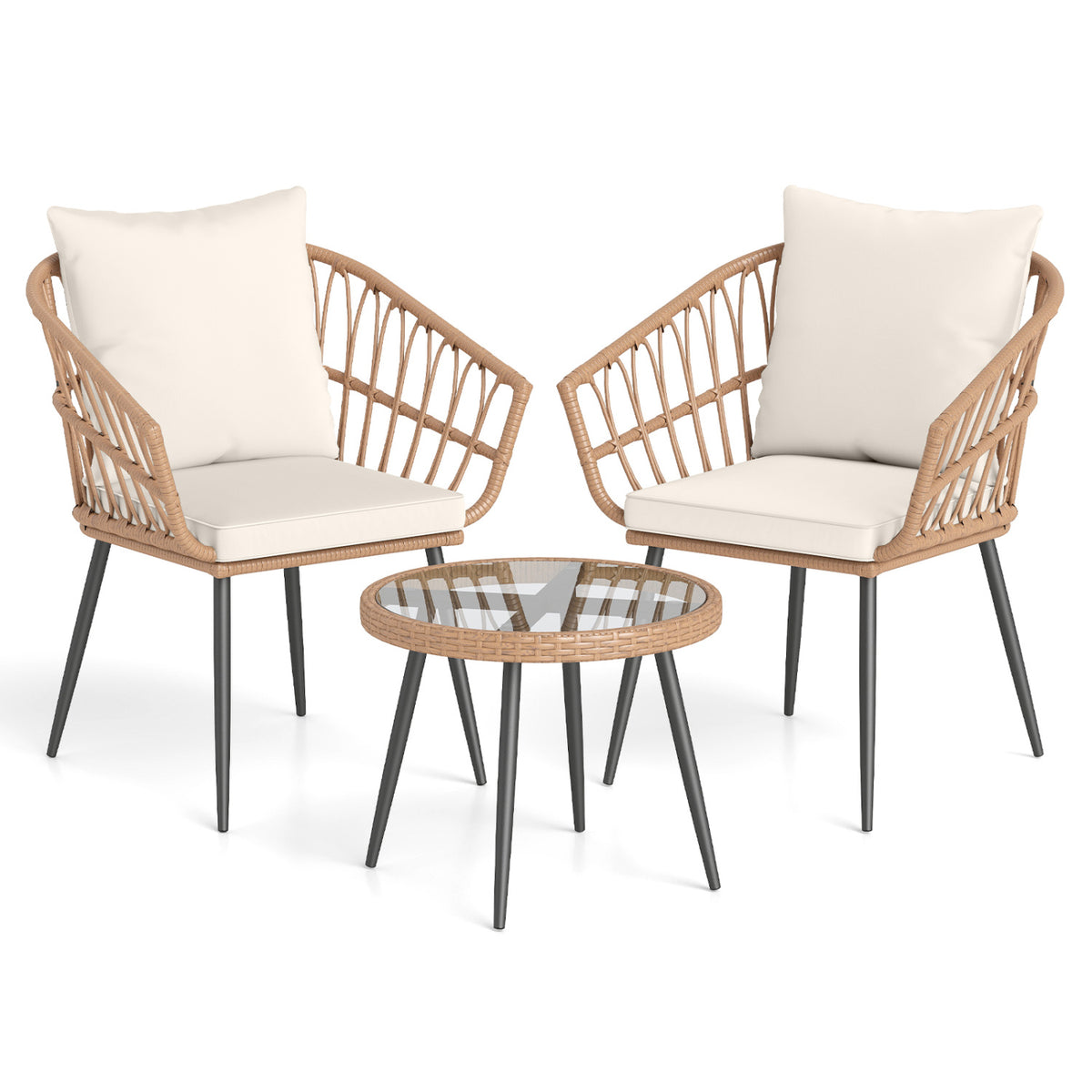 3 Piece Patio Bistro Set with PE Rattan Wicker Chairs and Tempered Glass Coffee Table-Natural