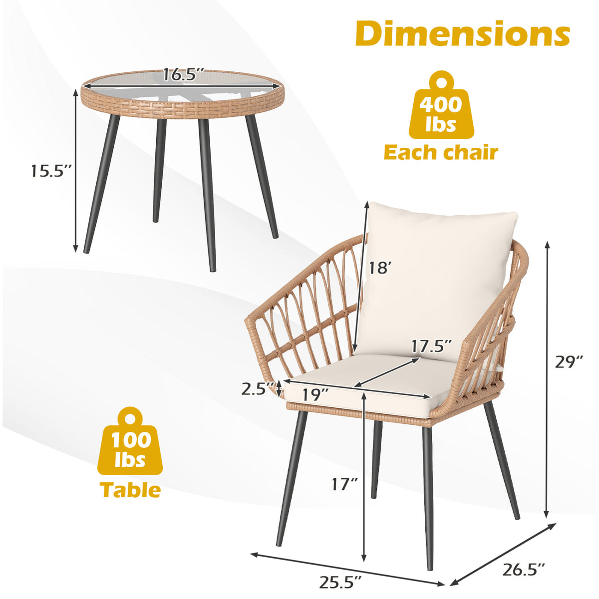 3 Piece Patio Bistro Set with PE Rattan Wicker Chairs and Tempered Glass Coffee Table-Natural