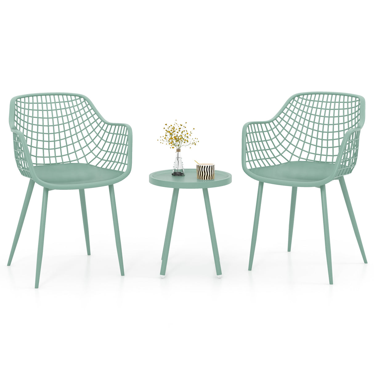 3 Piece Patio Chair Set with PP Seat and Tabletop for Porch-Green