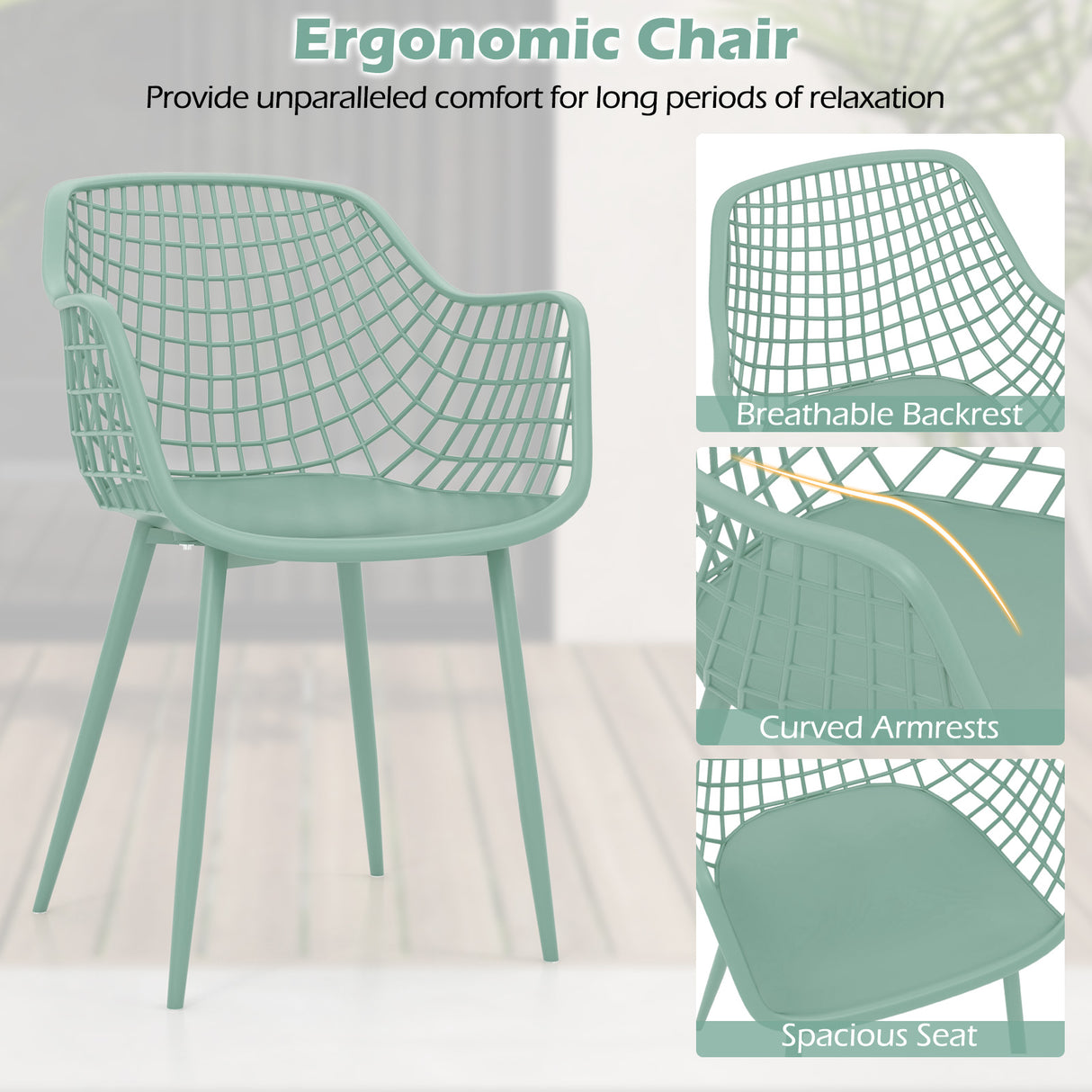 3 Piece Patio Chair Set with PP Seat and Tabletop for Porch-Green