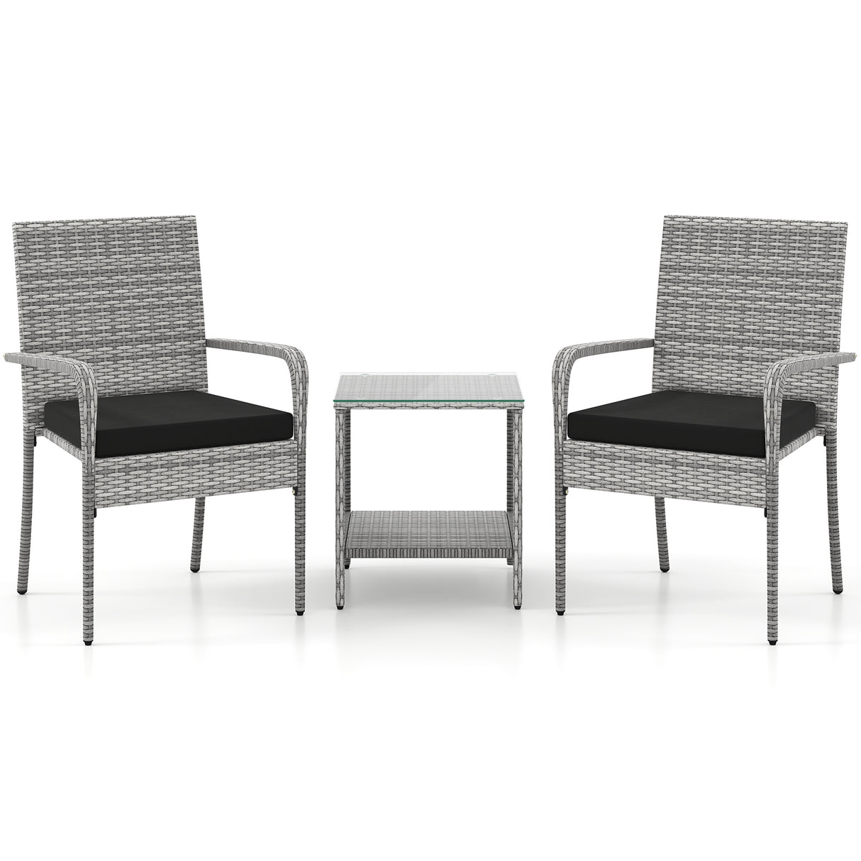 3 Piece Patio Furniture Set with Seat Cushions and Tempered Glass Tabletop for Balcony-Black