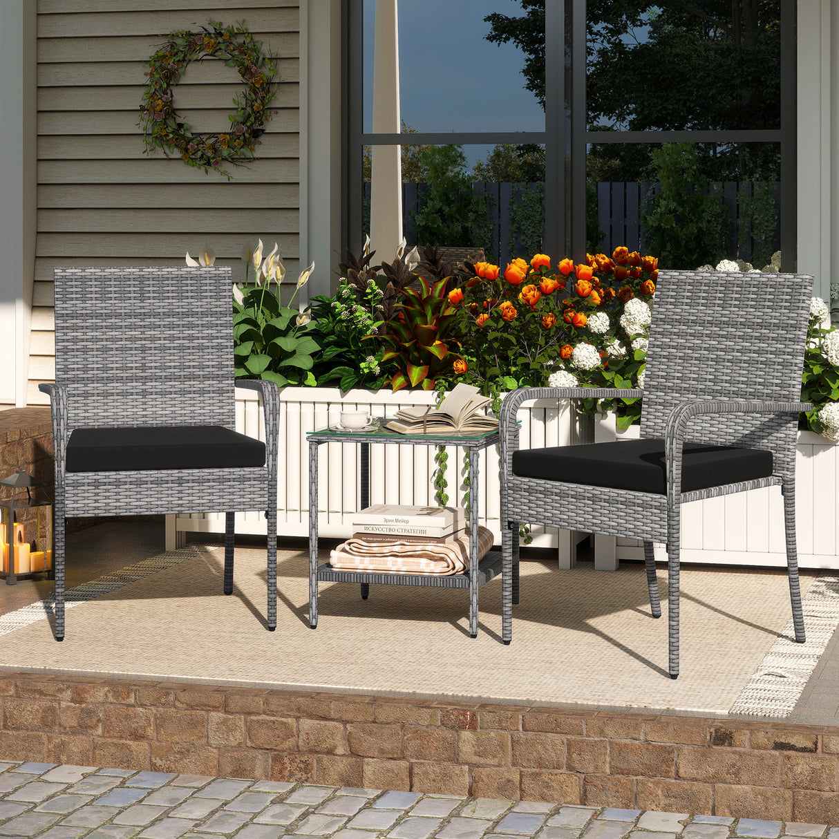 3 Piece Patio Furniture Set with Seat Cushions and Tempered Glass Tabletop for Balcony-Black
