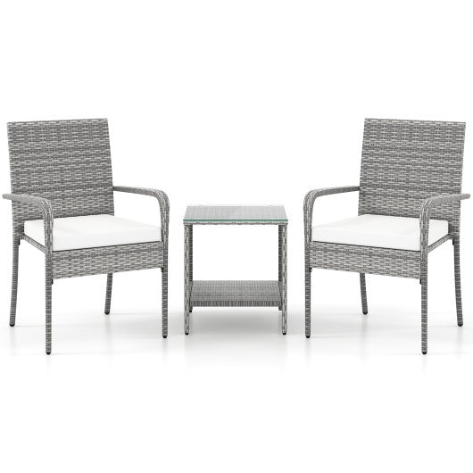 3 Piece Patio Furniture Set with Seat Cushions and Tempered Glass Tabletop for Balcony-White