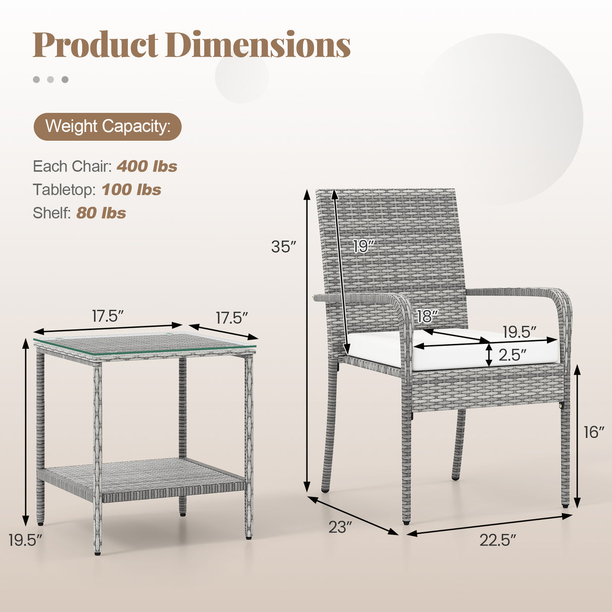 3 Piece Patio Furniture Set with Seat Cushions and Tempered Glass Tabletop for Balcony-White