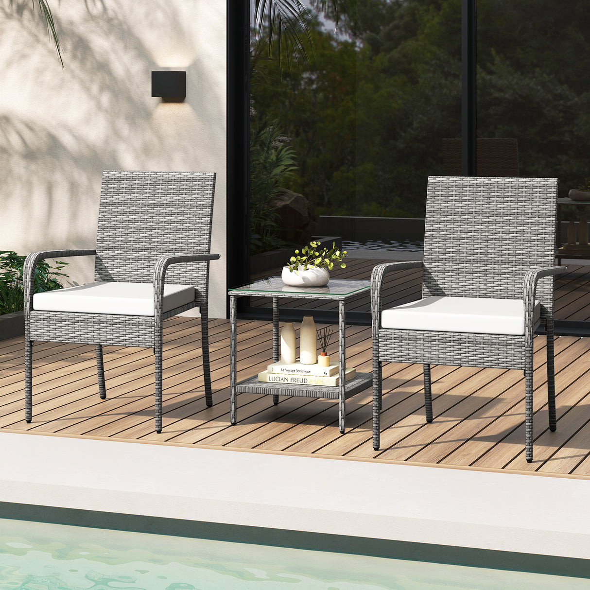 3 Piece Patio Furniture Set with Seat Cushions and Tempered Glass Tabletop for Balcony-White
