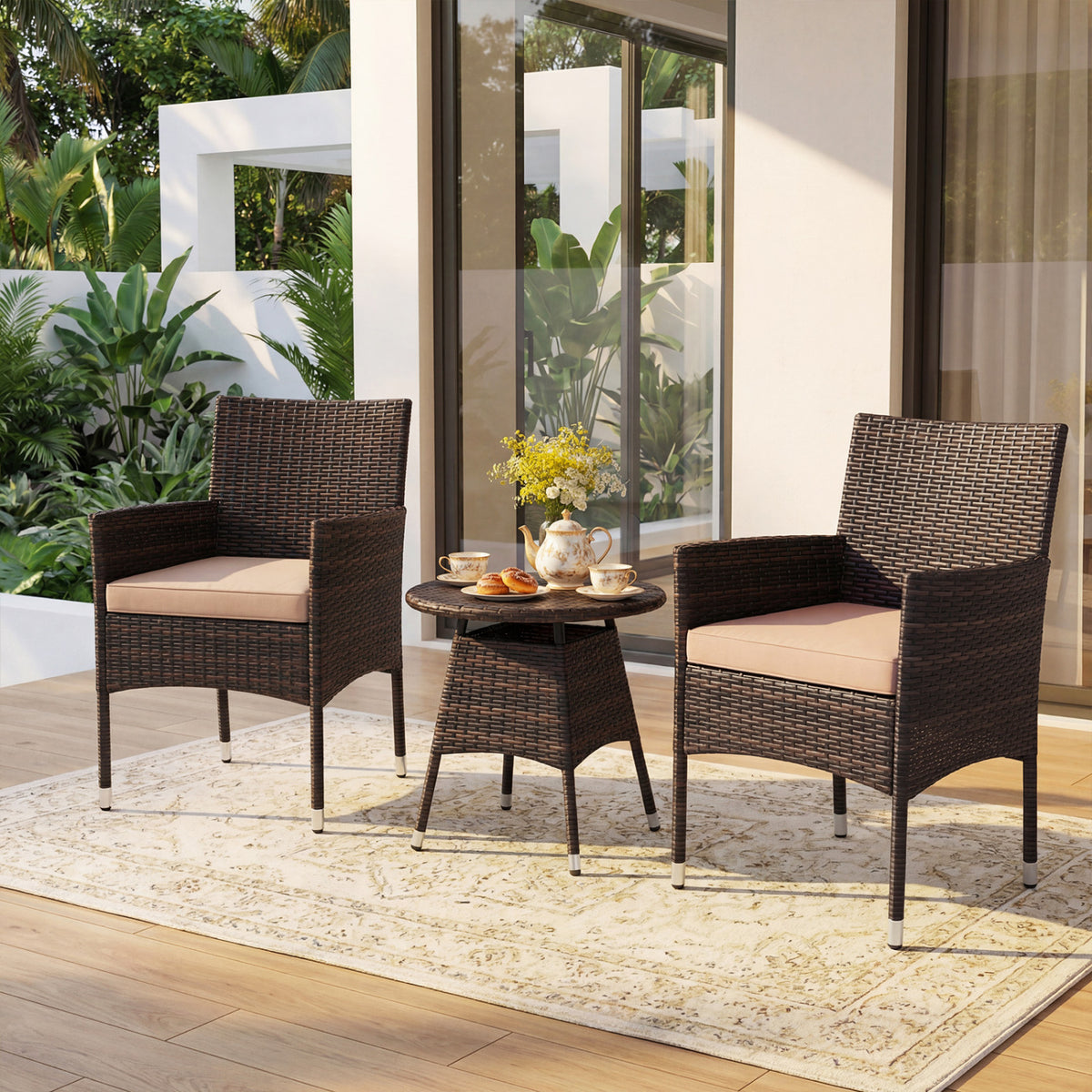 3 Piece Patio Furniture Set Outside Bistro Set for Porch-Beige