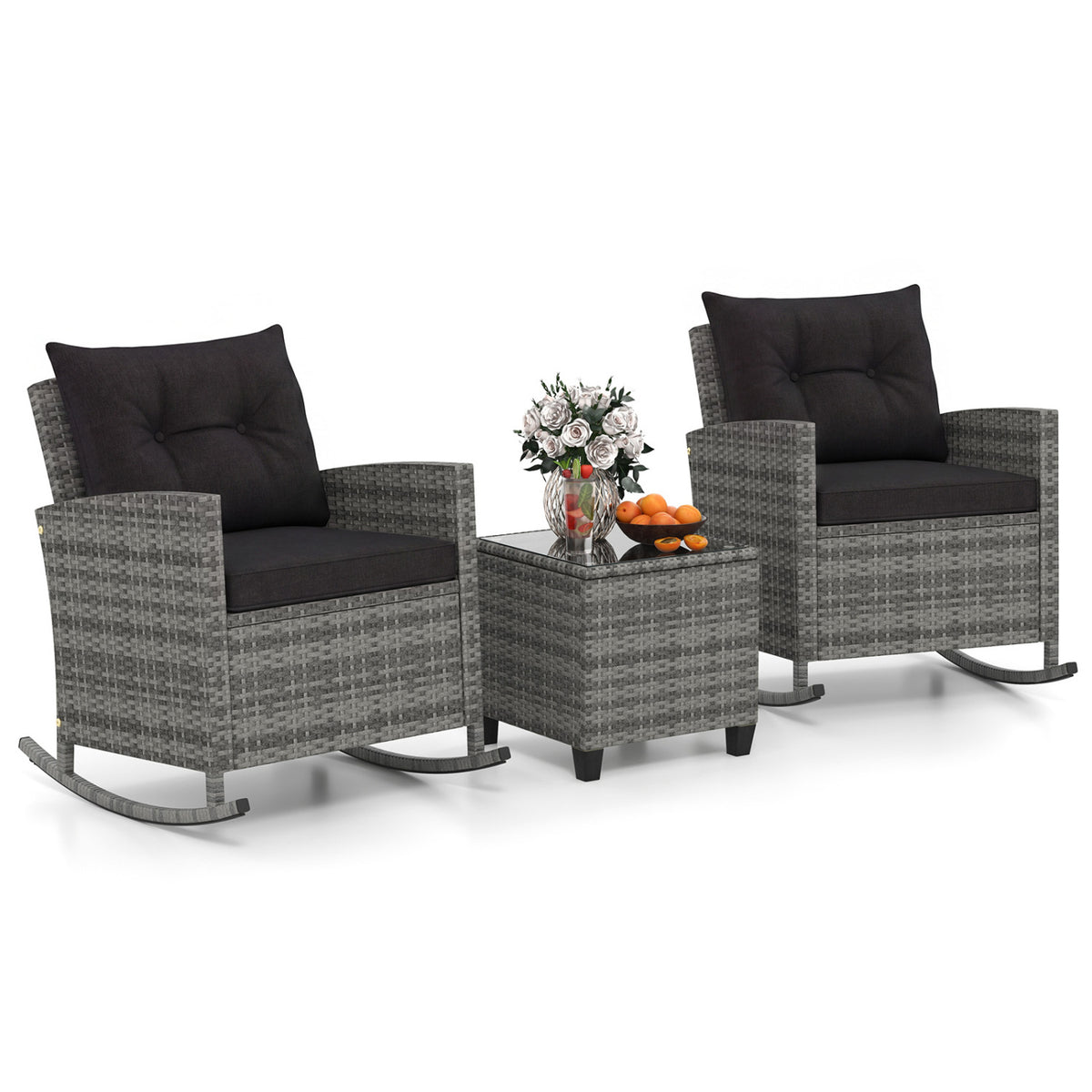 3-Piece Patio Rattan Roker Chairs with Tempered Glass Table and Soft Cushions-Mix Gray-Black