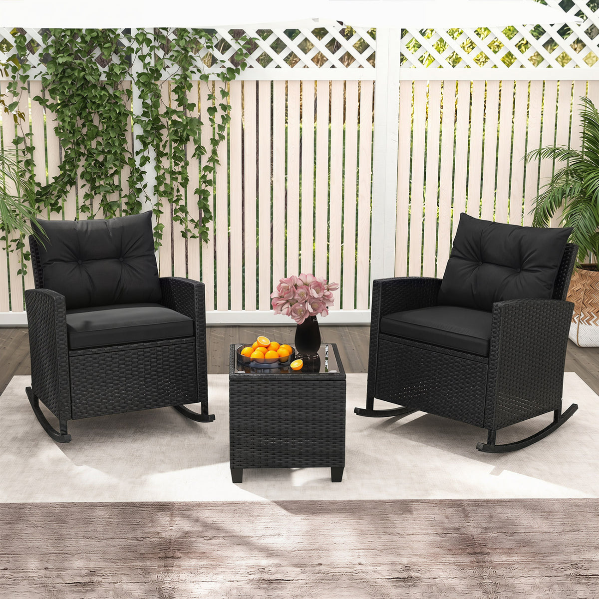3-Piece Patio Rattan Roker Chairs with Tempered Glass Table and Soft Cushions-Black & Brown