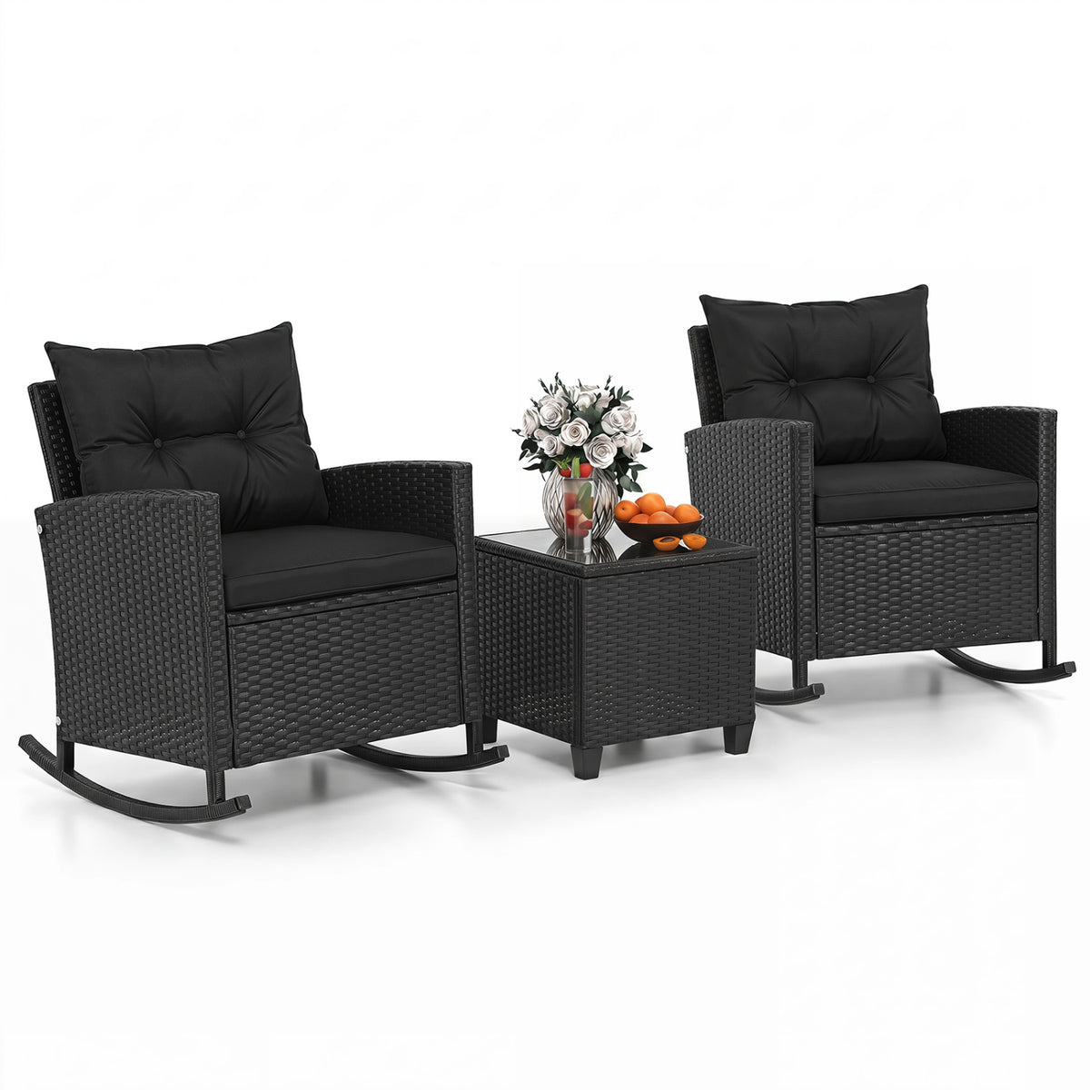 3-Piece Patio Rattan Roker Chairs with Tempered Glass Table and Soft Cushions-Black & Brown