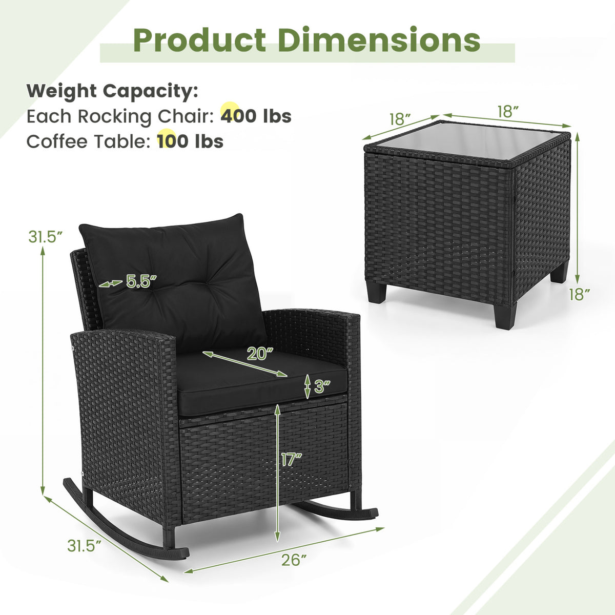 3-Piece Patio Rattan Roker Chairs with Tempered Glass Table and Soft Cushions-Black & Brown