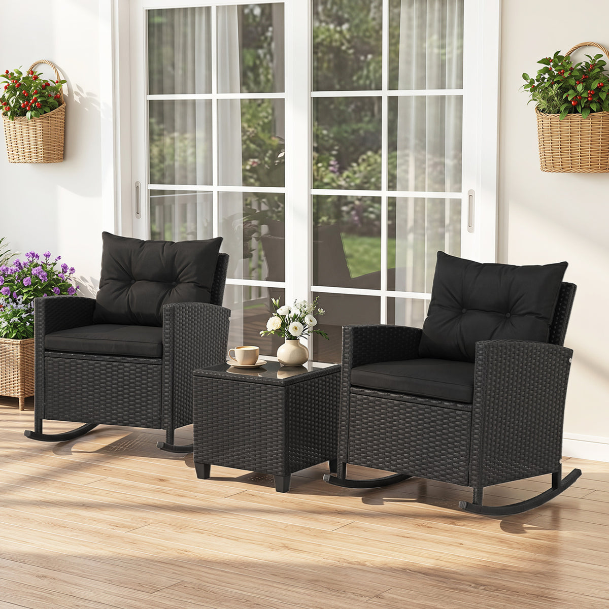 3-Piece Patio Rattan Roker Chairs with Tempered Glass Table and Soft Cushions-Black & Brown