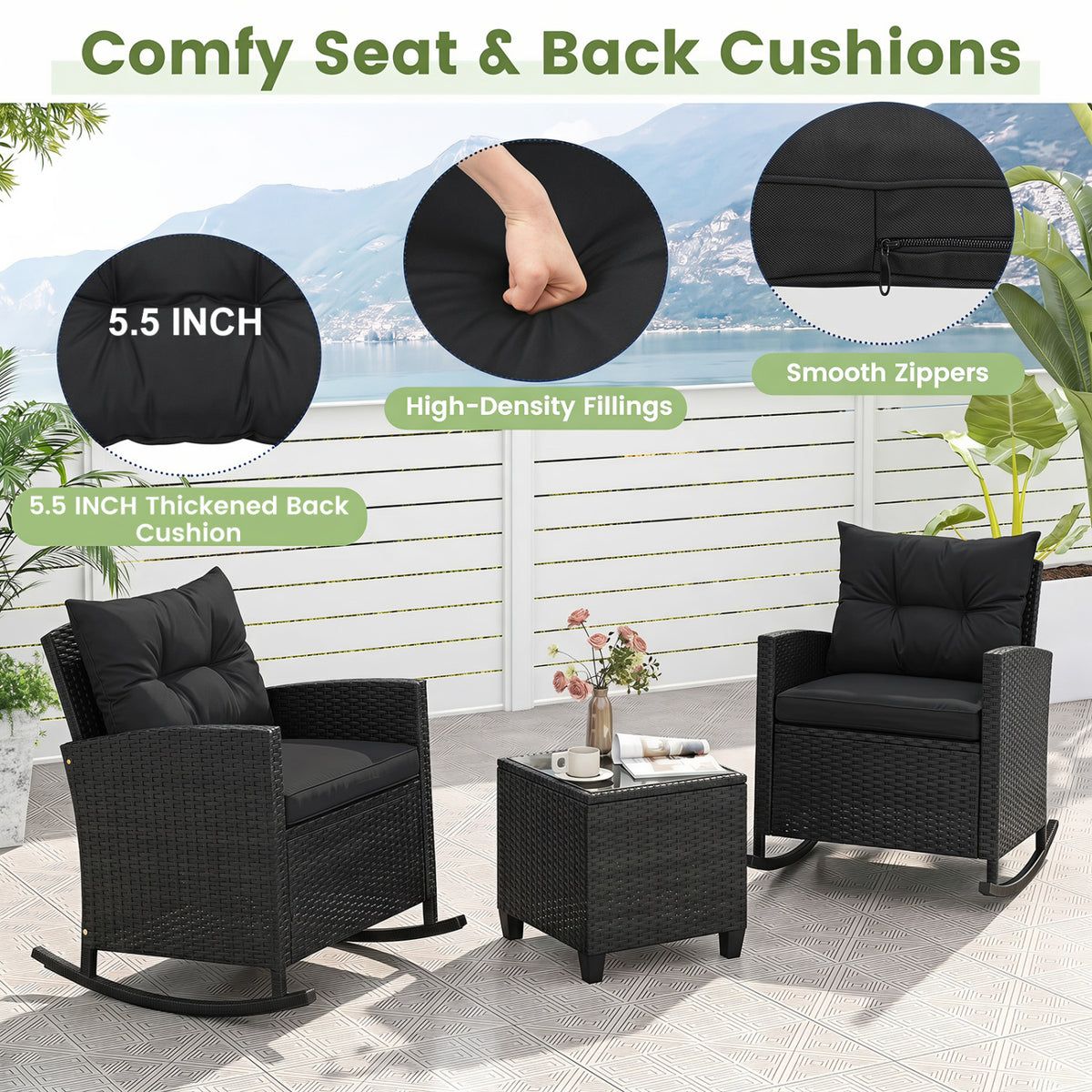 3-Piece Patio Rattan Roker Chairs with Tempered Glass Table and Soft Cushions-Black & Brown