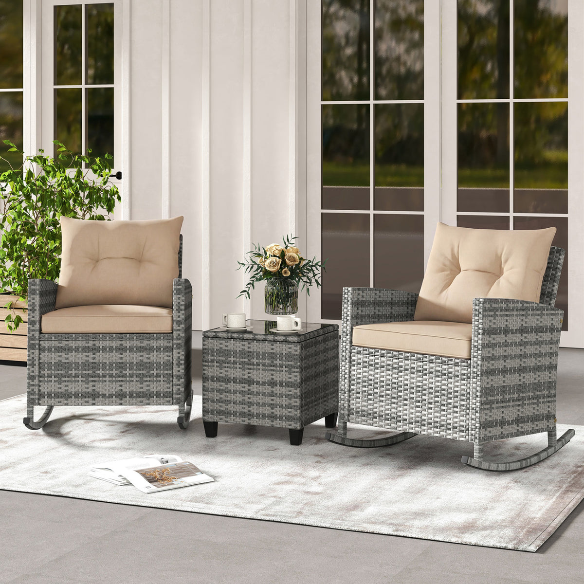 3-Piece Patio Rattan Roker Chairs with Tempered Glass Table and Soft Cushions-Yellow