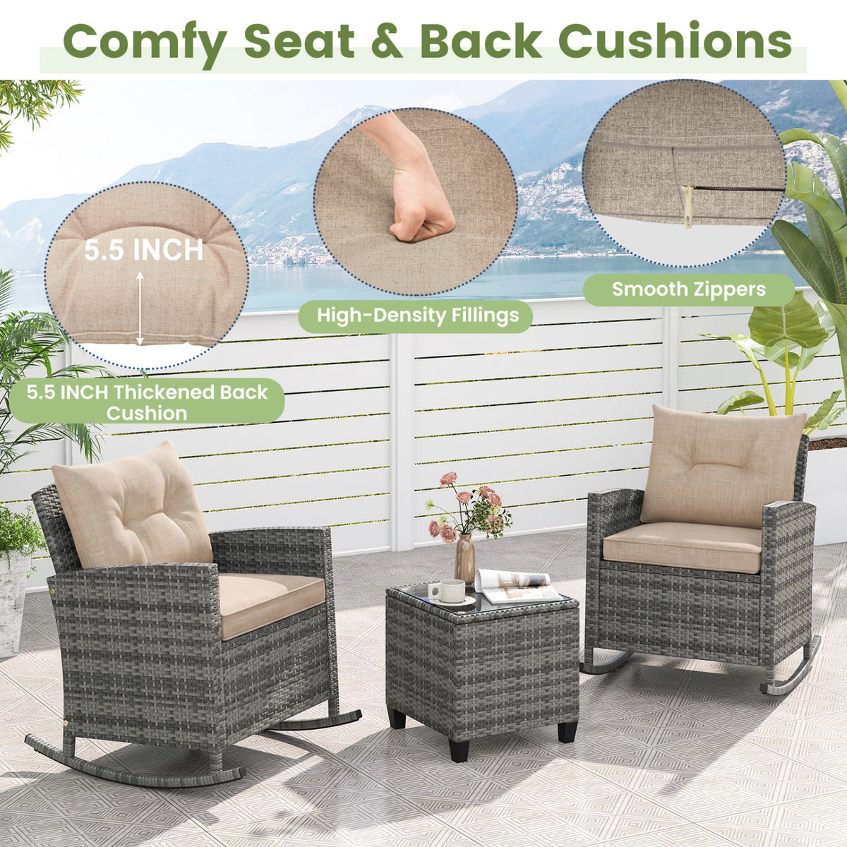 3-Piece Patio Rattan Roker Chairs with Tempered Glass Table and Soft Cushions-Yellow