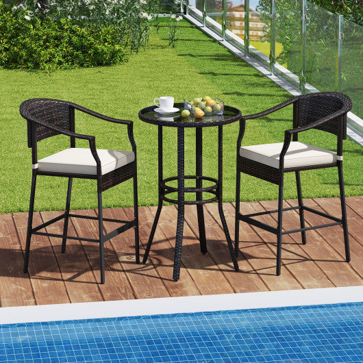 3-Piece Patio Rattan Bar Set with Tempered Glass Top for Backyard Poolside-Brown