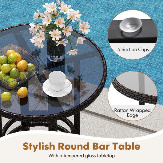 3-Piece Patio Rattan Bar Set with Tempered Glass Top for Backyard Poolside-Brown