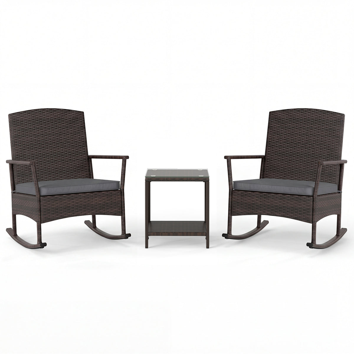 3 Piece Patio Rocking Set Wicker Rocking Chairs with 2-Tier Coffee Table-Gray