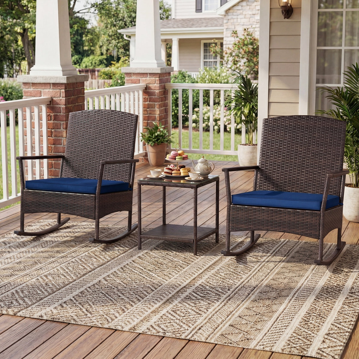 3 Piece Patio Rocking Set Wicker Rocking Chairs with 2-Tier Coffee Table-Navy