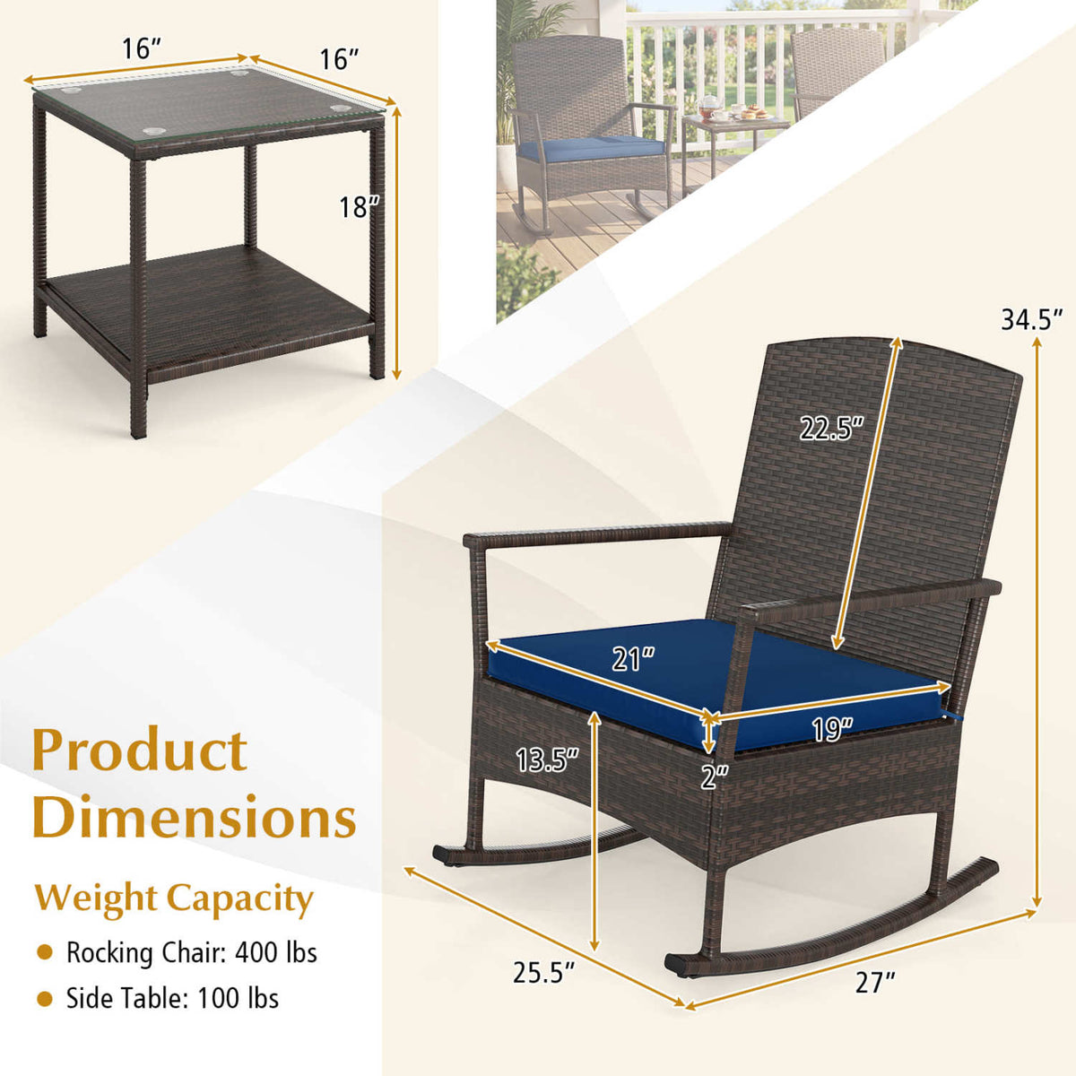 3 Piece Patio Rocking Set Wicker Rocking Chairs with 2-Tier Coffee Table-Navy