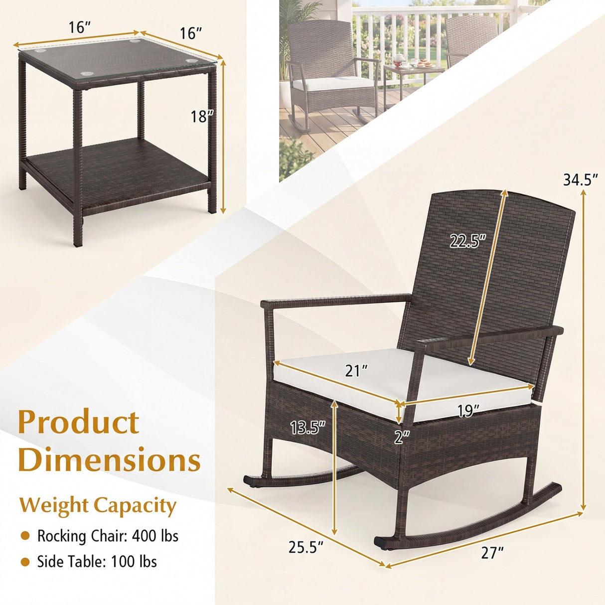 3 Piece Patio Rocking Set Wicker Rocking Chairs with 2-Tier Coffee Table-Off White