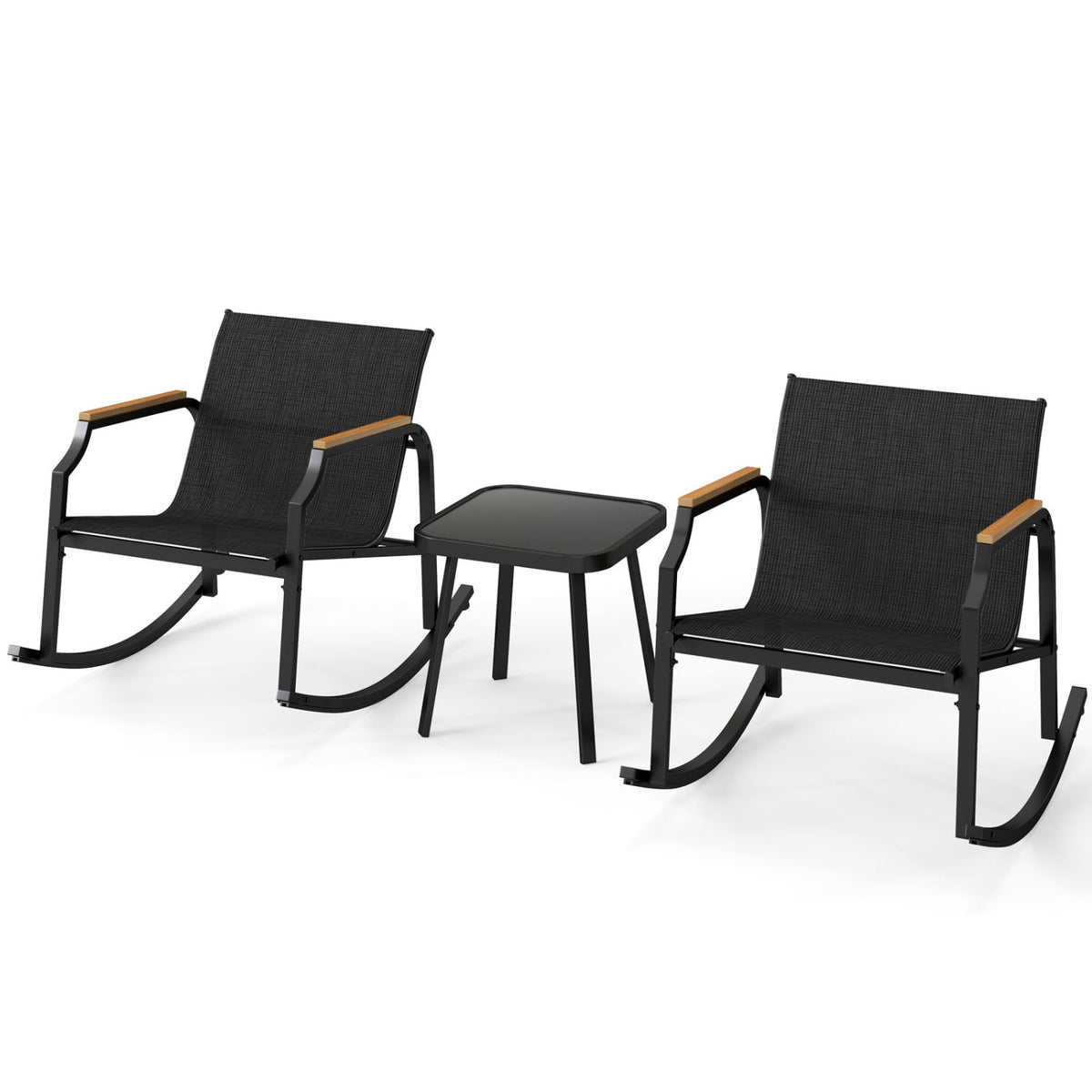 3 Piece Patio Rocking Bistro Set with Tempered Glass Coffee Table and Armrests for Porch-Black
