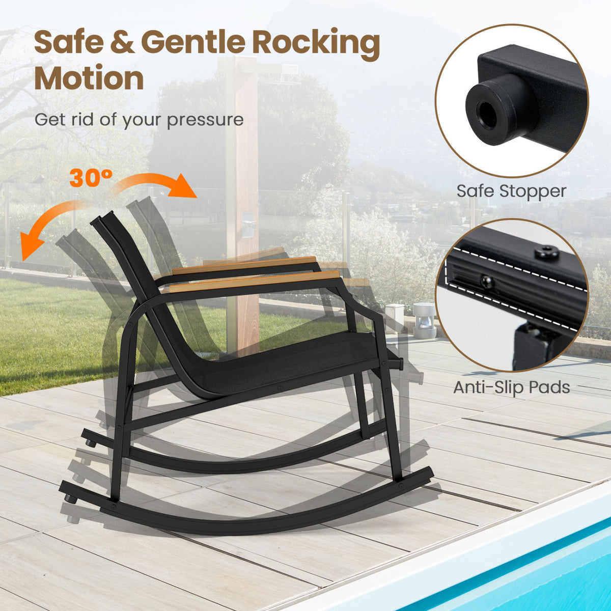 3 Piece Patio Rocking Bistro Set with Tempered Glass Coffee Table and Armrests for Porch-Black
