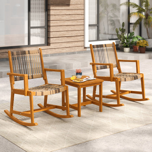 3 Piece Patio Rocking Set Acacia Wood Rocker Bistro Set with Rattan Seat and Back