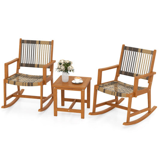 3 Piece Patio Rocking Set Acacia Wood Rocker Bistro Set with Rattan Seat and Back