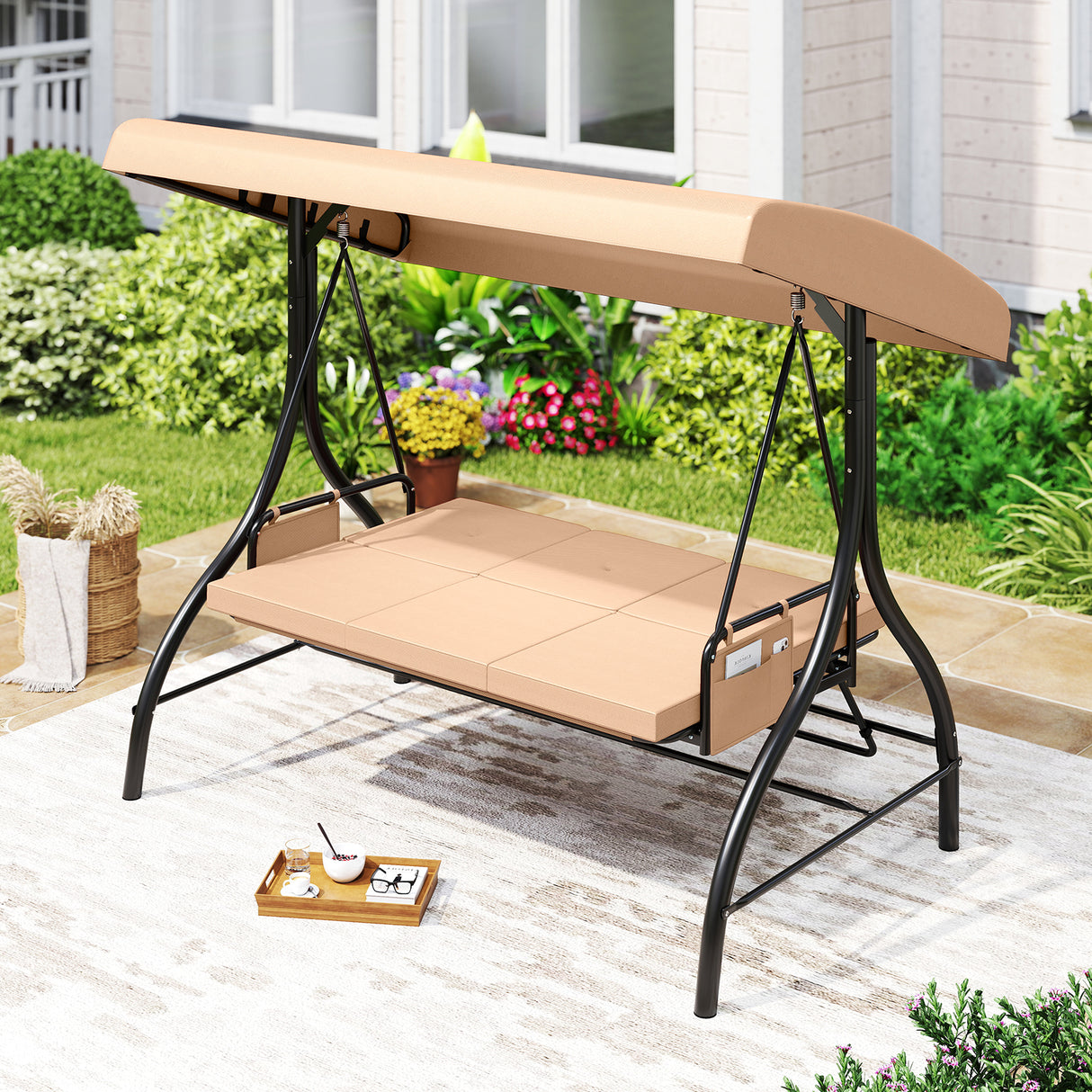 3-Piece Patio Swing with Canopy Removable Cushions and Side Pockets-Beige