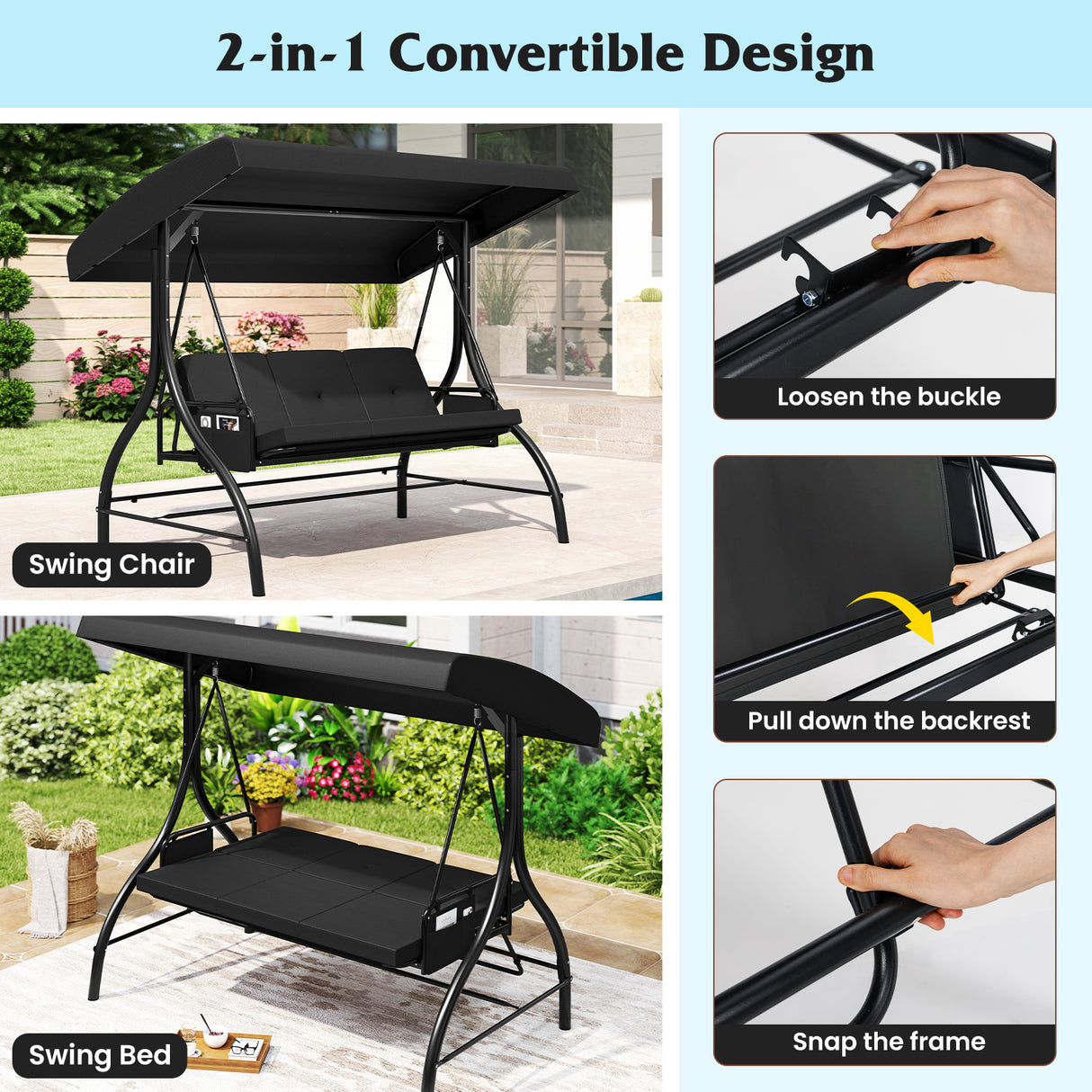 3-Piece Patio Swing with Canopy Removable Cushions and Side Pockets-Black