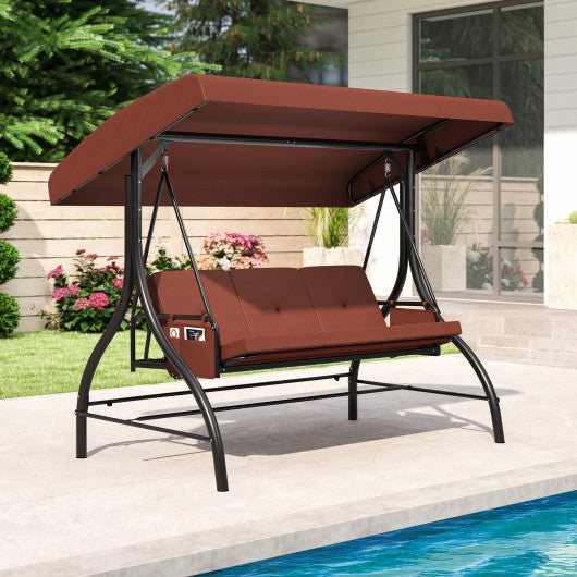 3-Piece Patio Swing with Canopy Removable Cushions and Side Pockets-Brown