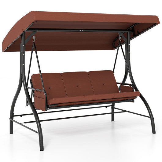 3-Piece Patio Swing with Canopy Removable Cushions and Side Pockets-Brown