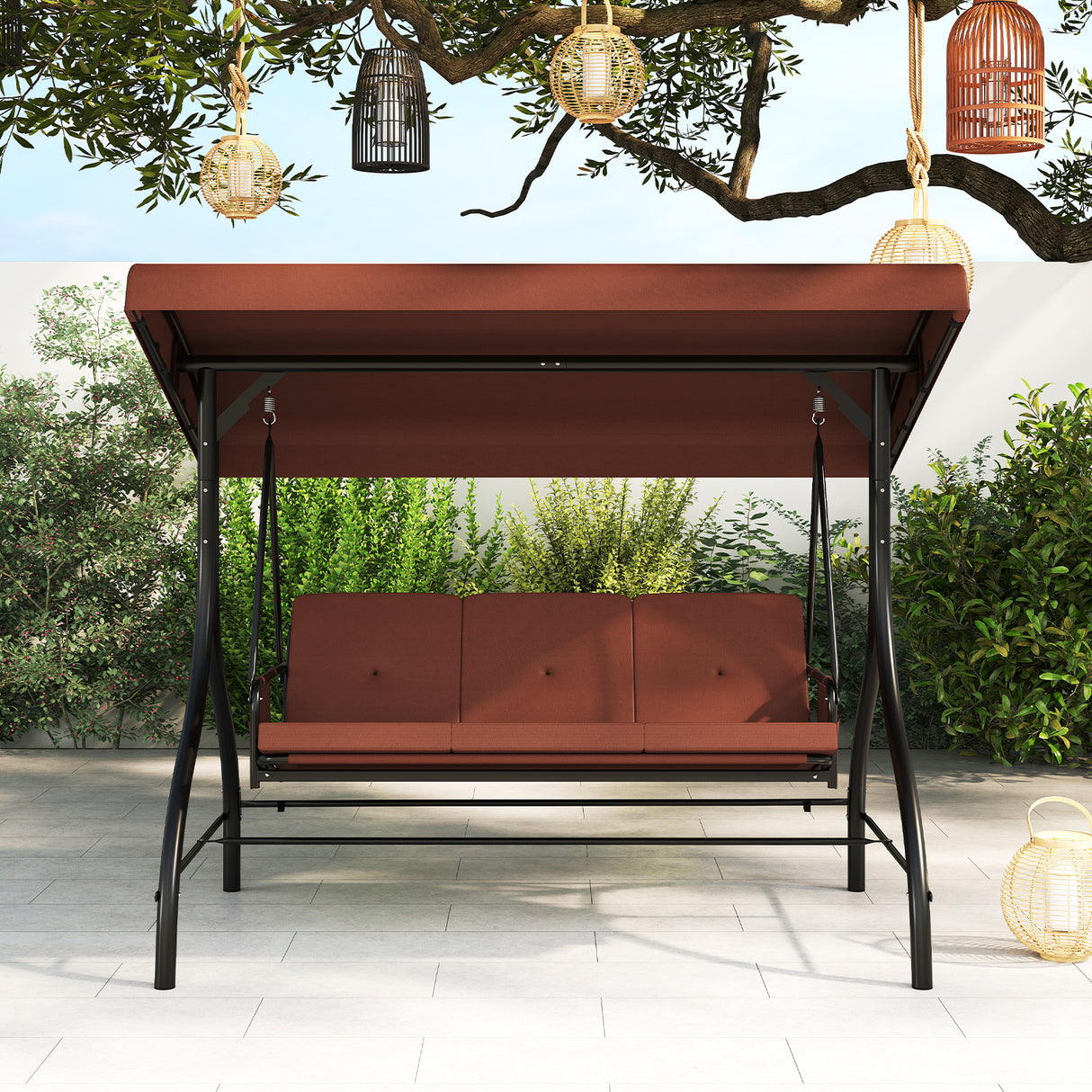 3-Piece Patio Swing with Canopy Removable Cushions and Side Pockets-Brown