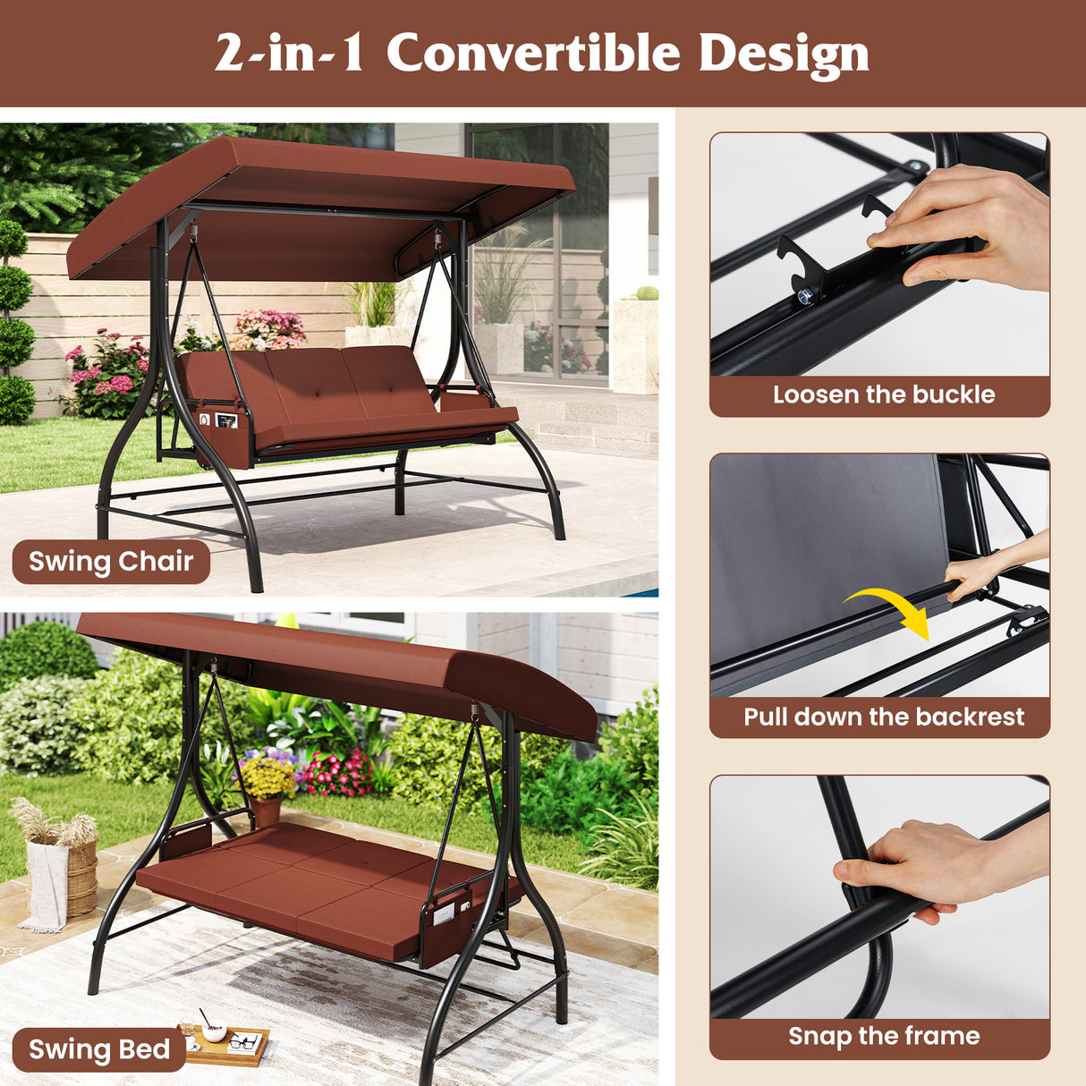 3-Piece Patio Swing with Canopy Removable Cushions and Side Pockets-Brown