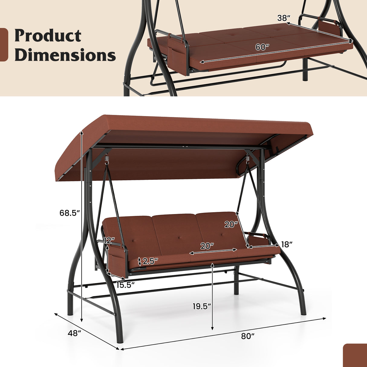 3-Piece Patio Swing with Canopy Removable Cushions and Side Pockets-Brown