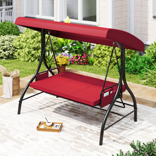 3-Piece Patio Swing with Canopy Removable Cushions and Side Pockets-Burgundy