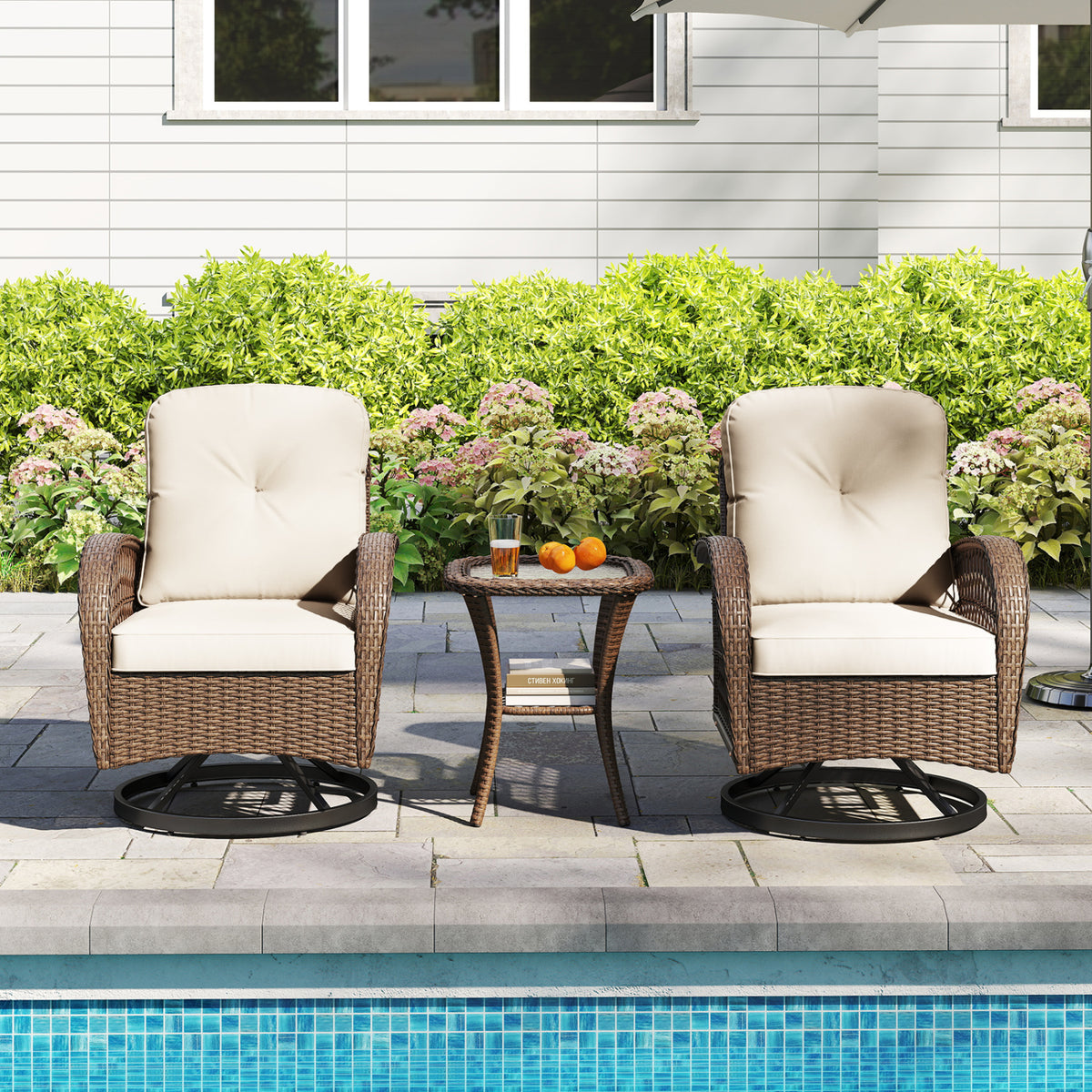 3 Piece Patio Swivel Rocker Set with Tempered Glass Side Table and Thick Cushions-White