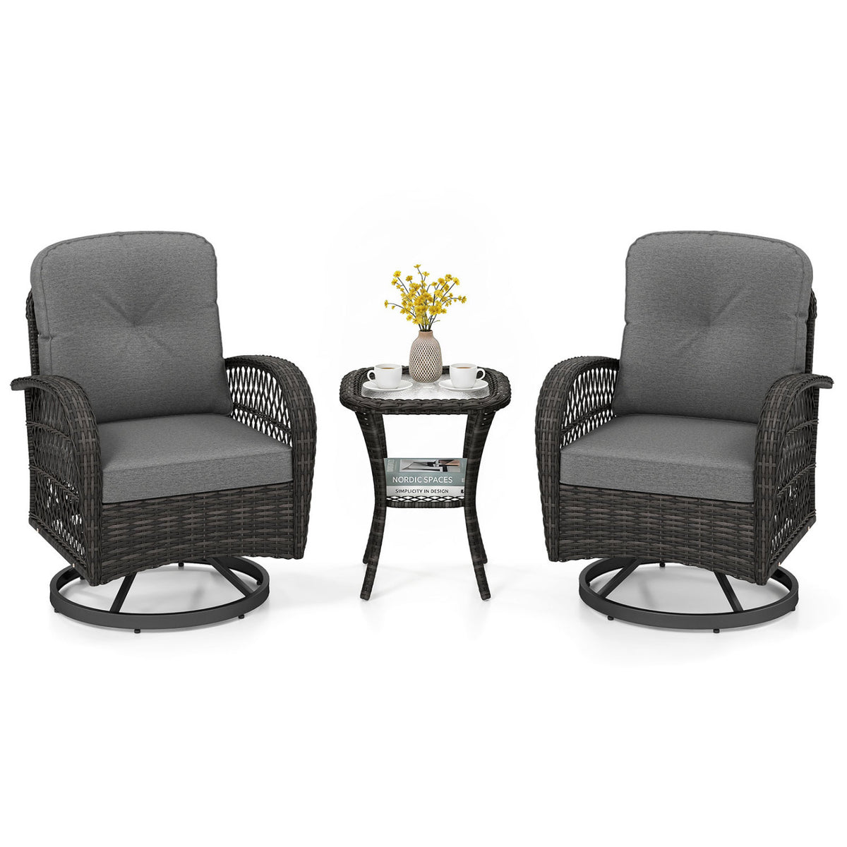 3 Piece Patio Swivel Rocker Set with Tempered Glass Side Table and Thick Cushions-Dark Gray