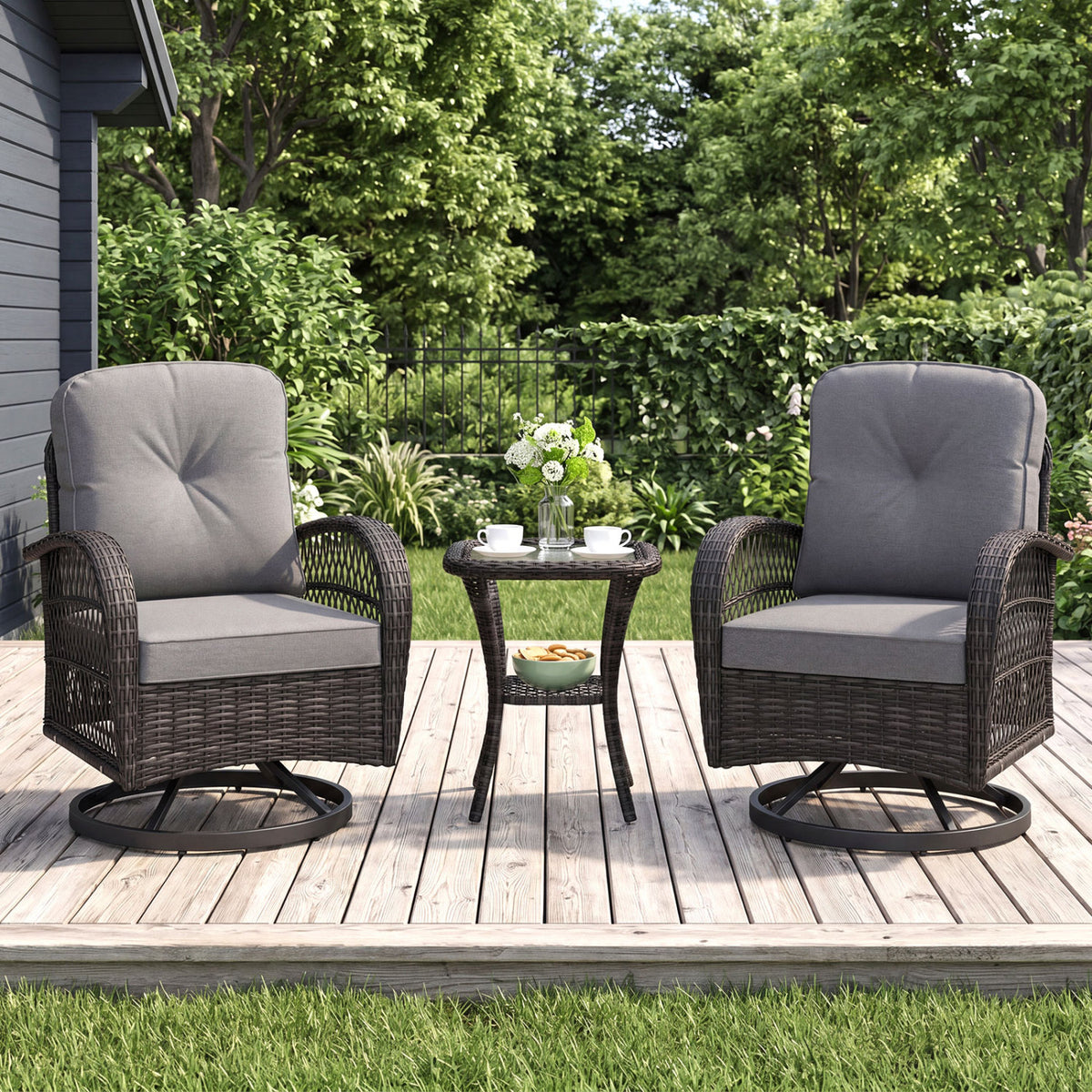 3 Piece Patio Swivel Rocker Set with Tempered Glass Side Table and Thick Cushions-Dark Gray