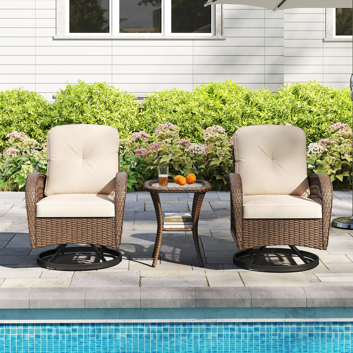 3 Piece Patio Swivel Rocker Set with Tempered Glass Side Table and Thick Cushions-Brown