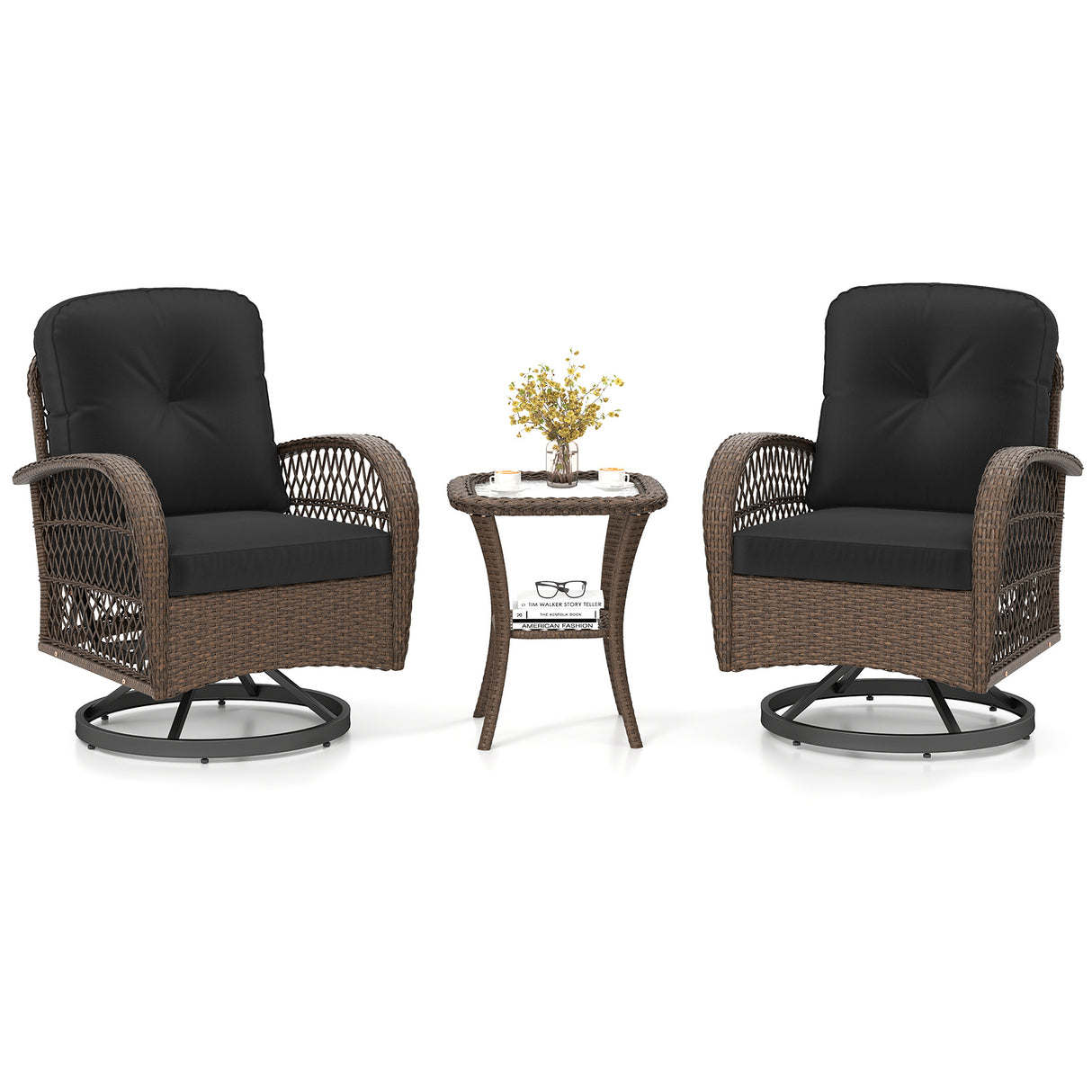 3 Piece Patio Swivel Rocker Set with Tempered Glass Side Table and Thick Cushions-Black