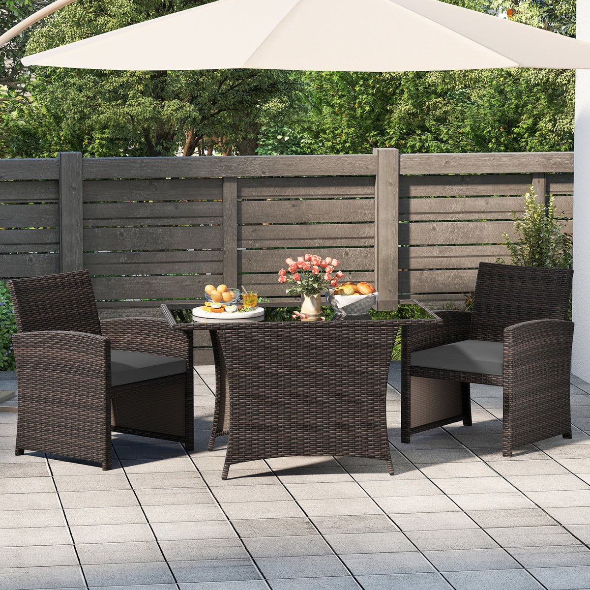 3 Piece Patio Wicker Dining Set with Rectangle Tempered Glass Dining Table-Gray