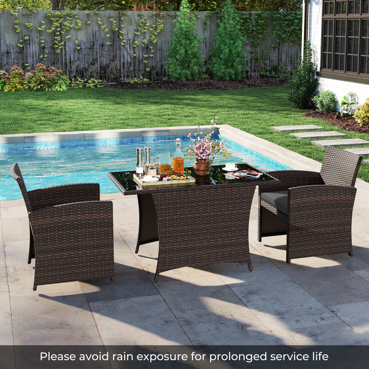 3 Piece Patio Wicker Dining Set with Rectangle Tempered Glass Dining Table-Gray