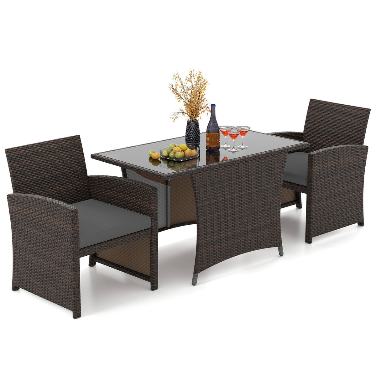 3 Piece Patio Wicker Dining Set with Rectangle Tempered Glass Dining Table-Gray