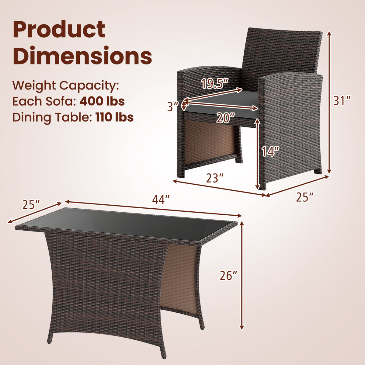 3 Piece Patio Wicker Dining Set with Rectangle Tempered Glass Dining Table-Gray
