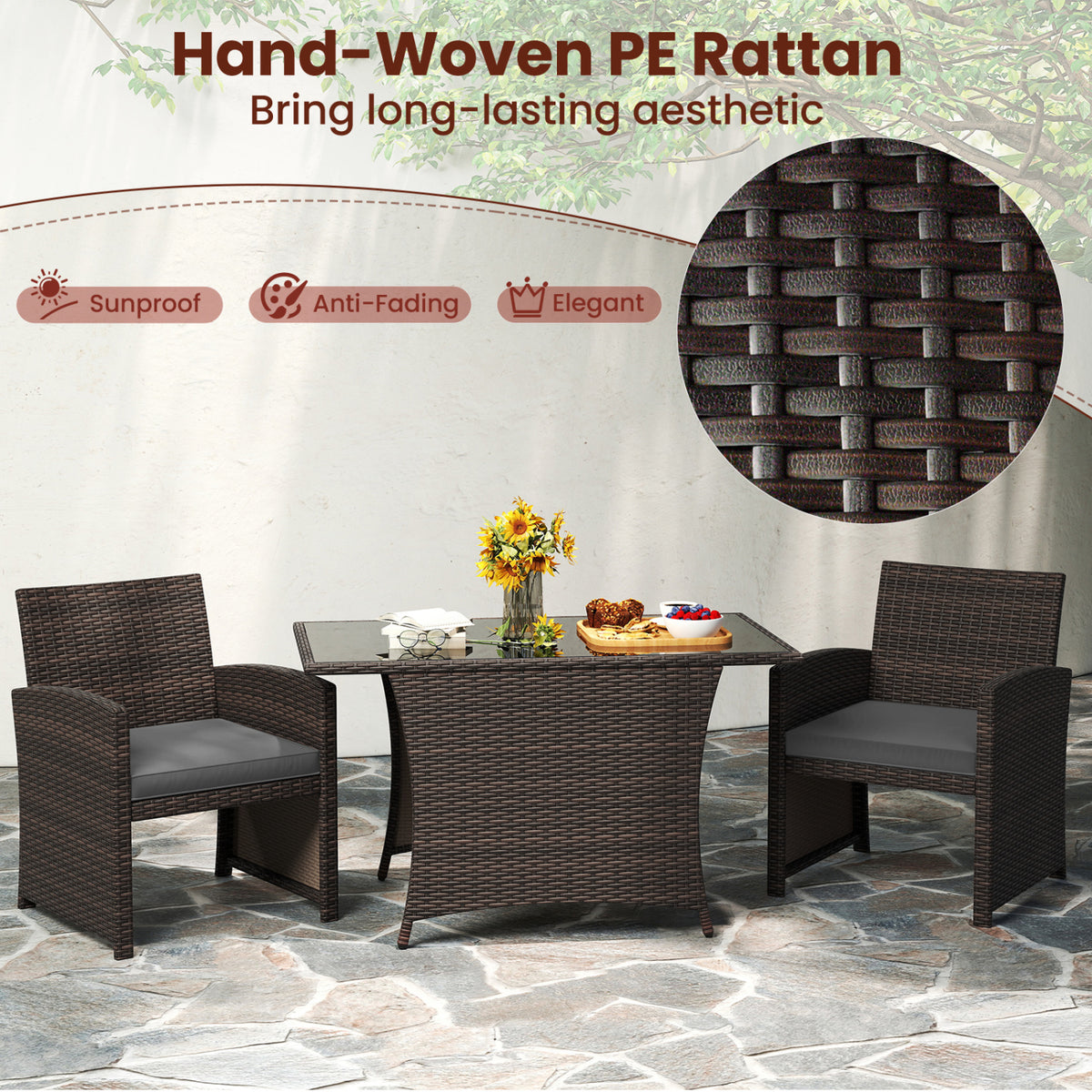 3 Piece Patio Wicker Dining Set with Rectangle Tempered Glass Dining Table-Gray