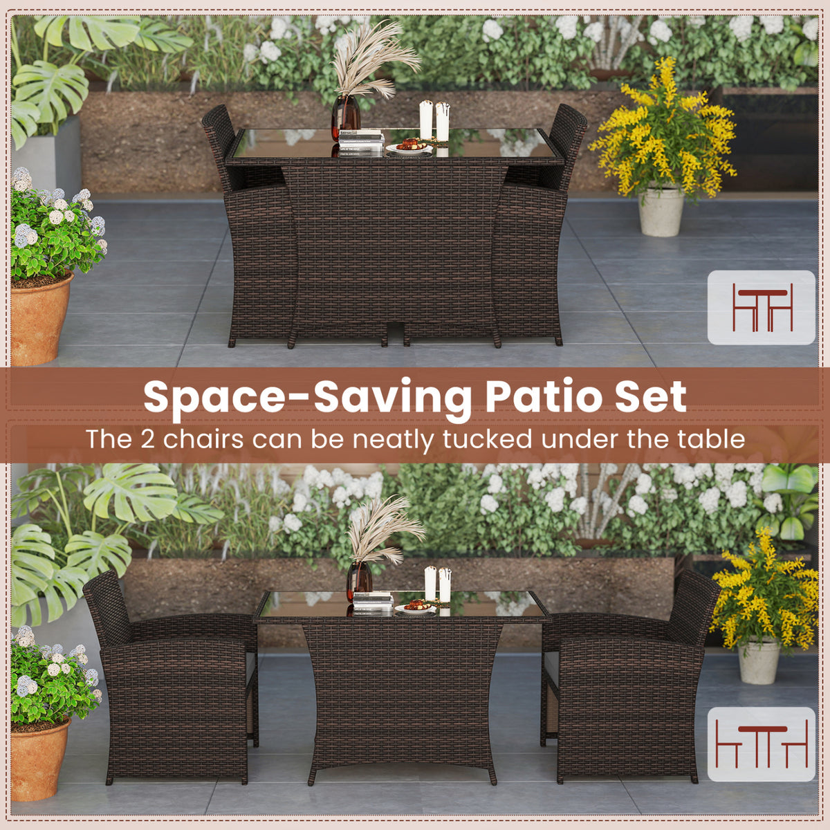 3 Piece Patio Wicker Dining Set with Rectangle Tempered Glass Dining Table-Gray