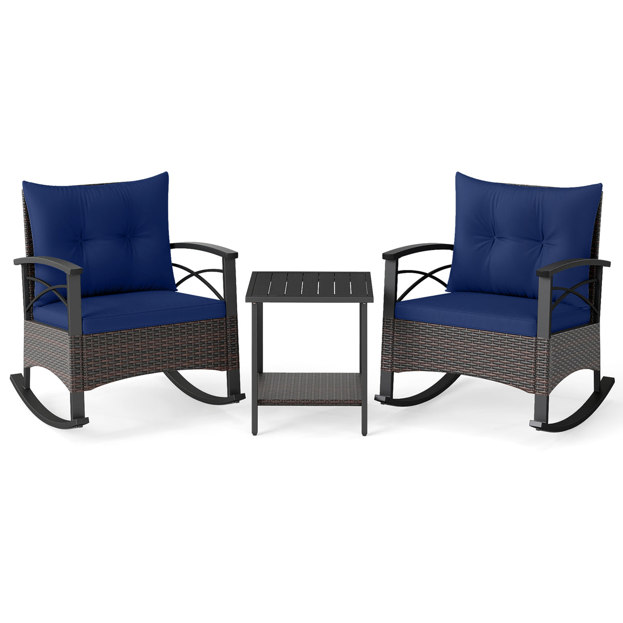 3 Piece Rocking Bistro Set PE Rattan Rocker Chairs with Acacia Wood Top Table-Navy